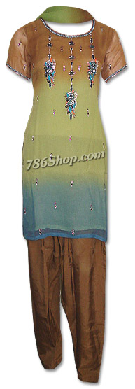  Brown/Green/Blue Chiffon Suit  | Pakistani Dresses in USA- Image 1