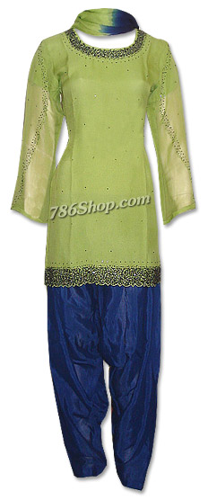  Parrot Green/Blue Chiffon Suit | Pakistani Dresses in USA- Image 1