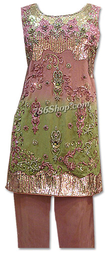  Tea Pink/Green Chiffon Suit | Pakistani Dresses in USA- Image 1
