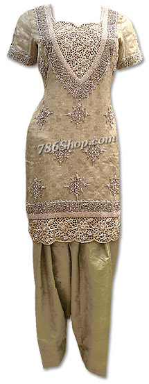  Light Golden Chiffon Jamawar Suit | Pakistani Dresses in USA- Image 1