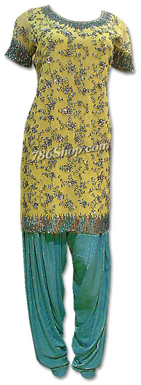  Lime Green/Turquoise Chiffon Suit | Pakistani Dresses in USA- Image 1