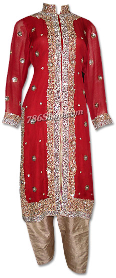  Red/Fawn Chiffon Suit | Pakistani Dresses in USA- Image 1