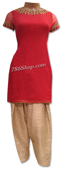  Red/Fawn Chiffon Suit | Pakistani Dresses in USA- Image 1