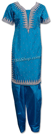  Turquoise Pure Silk Suit | Pakistani Dresses in USA- Image 1