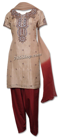  Beige/Brown Silk Suit | Pakistani Dresses in USA- Image 1