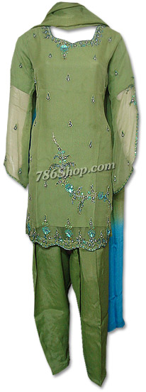  Green Chiffon Suit | Pakistani Dresses in USA- Image 1
