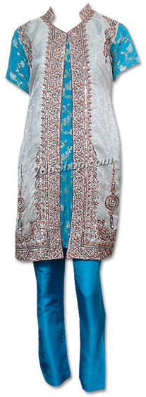  Off-White/Turquoise Jamawar Suit | Pakistani Dresses in USA- Image 1