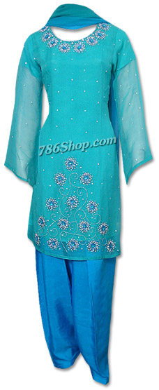  Sea Green/Turquoise Chiffon Suit | Pakistani Dresses in USA- Image 1