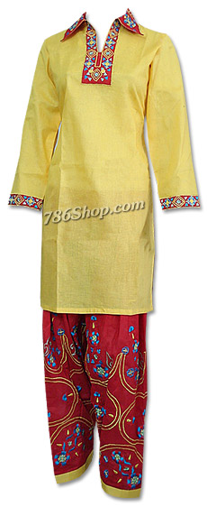  Yellow/Red Cotton Suit | Pakistani Dresses in USA- Image 1