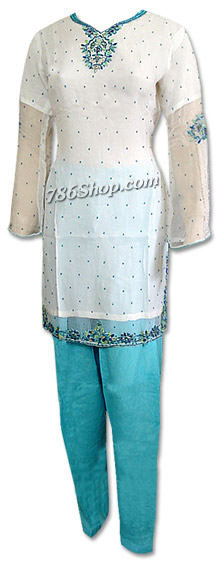  White/Turquoise Chiffon Suit | Pakistani Dresses in USA- Image 1