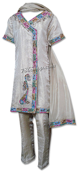  Light Golden Jamawar Andrakha Suit | Pakistani Dresses in USA- Image 1