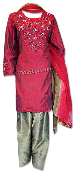  Maroon/Pistachio Green Silk Suit | Pakistani Dresses in USA- Image 1