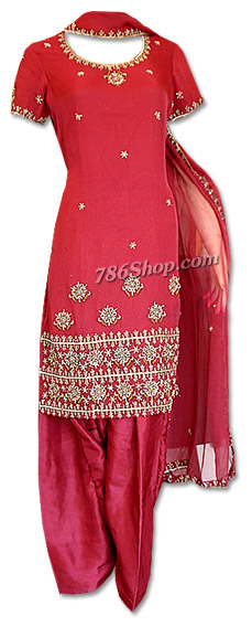  Red Crinkle Chiffon Suit | Pakistani Dresses in USA- Image 1