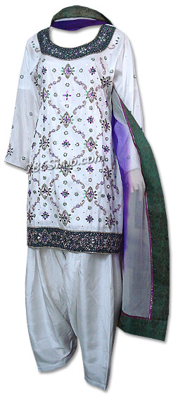  White/Green Silk Suit  | Pakistani Dresses in USA- Image 1