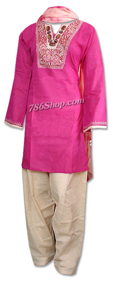  Hot Pink/Skin Cotton Khaddar Suit | Pakistani Dresses in USA- Image 1