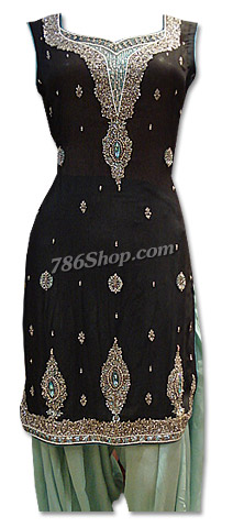  Black/Sea Green Crinkle Chiffon Suit | Pakistani Dresses in USA- Image 1