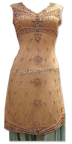  Peach/Light Green Crinkle Chiffon Suit | Pakistani Dresses in USA- Image 1