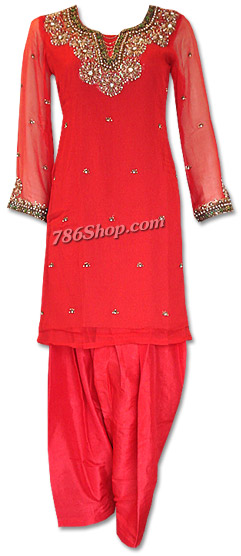  Red Crinkle Chiffon Suit | Pakistani Dresses in USA- Image 1