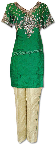  Bottle Green/Cream Jamawar Suit | Pakistani Dresses in USA- Image 1