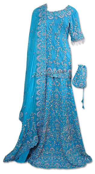  Turquoise Chiffon Lehnga | Pakistani Wedding Dresses- Image 1