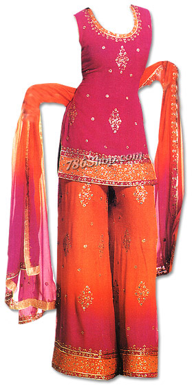  Magenta/Orange Chiffon Suit | Pakistani Dresses in USA- Image 1