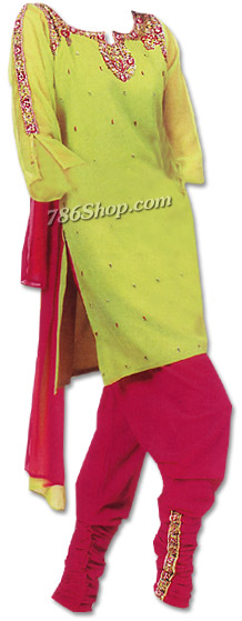  Parrot Green/Magenta Chiffon Suit | Pakistani Dresses in USA- Image 1