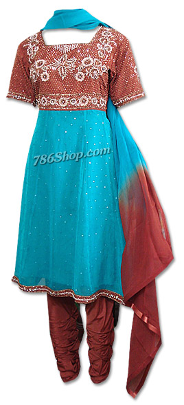  Brown/Turquoise Chiffon Anarkali Suit | Pakistani Dresses in USA- Image 1