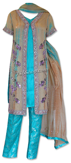  Fawn/Turquoise Chiffon Suit | Pakistani Dresses in USA- Image 1