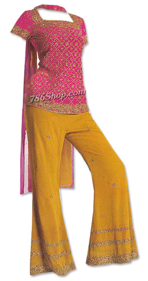  Magenta/Mustard Chiffon Trouser Suit | Pakistani Dresses in USA- Image 1