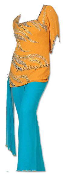  Mustard/Turquoise Chiffon Trouser Suit | Pakistani Dresses in USA- Image 1