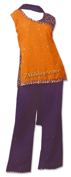 Orange/Dark Purple Chiffon Trouser Suit | Pakistani Dresses in USA- Image 1