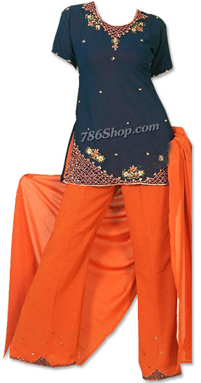  Navy Blue/Orange Chiffon Suit | Pakistani Dresses in USA- Image 1