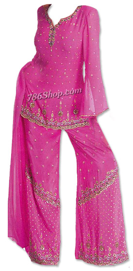  Hot Pink Chiffon Trouser Suit | Pakistani Dresses in USA- Image 1