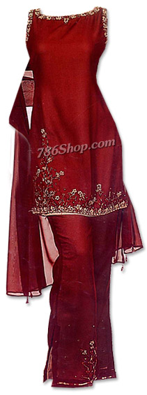  Maroon Raw Silk Trouser Suit | Pakistani Dresses in USA- Image 1