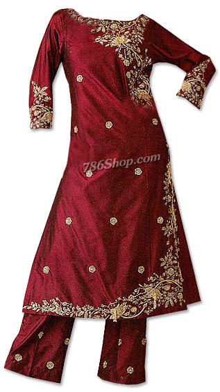  Maroon Silk Trouser Suit | Pakistani Dresses in USA- Image 1