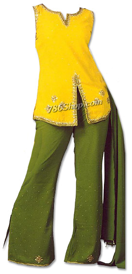  Yellow/Green Chiffon Trouser Suit | Pakistani Dresses in USA- Image 1