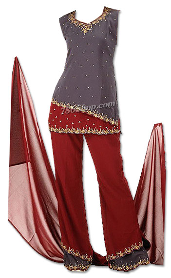  Grey/Maroon Chiffon Trouser Suit | Pakistani Dresses in USA- Image 1