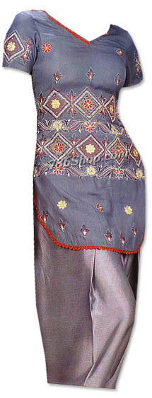  Blue/Grey Raw Silk Suit | Pakistani Dresses in USA- Image 1