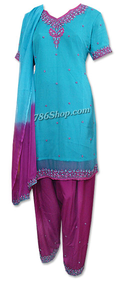  Turquoise/Magenta Chiffon Suit  | Pakistani Dresses in USA- Image 1