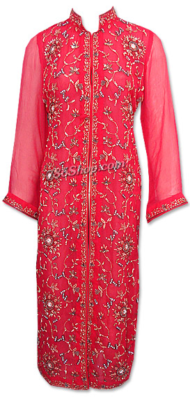  Red Crinkle Chiffon Suit | Pakistani Dresses in USA- Image 1