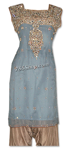  Light Blue/Fawn Crinkle Chiffon Suit  | Pakistani Dresses in USA- Image 1