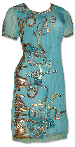  Turquoise Crinkle Chiffon Suit  | Pakistani Dresses in USA- Image 1