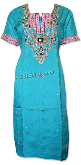  Turquoise Silk Suit  | Pakistani Dresses in USA- Image 1