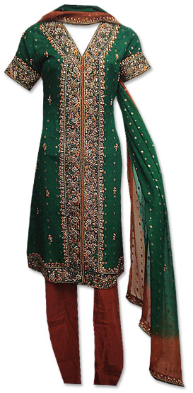  Dark Green/Brown Crinkle Chiffon Suit  | Pakistani Dresses in USA- Image 1