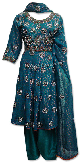  Teal Green Chiffon Jamawar Suit | Pakistani Dresses in USA- Image 1