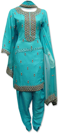  Turquoise Crinkle Chiffon Suit | Pakistani Dresses in USA- Image 1