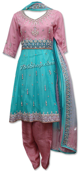  Pink/Turquoise Crinkle Chiffon Suit | Pakistani Dresses in USA- Image 1