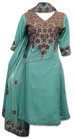  Sea Green Crinkle Chiffon Suit | Pakistani Dresses in USA- Image 1