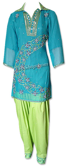  Turquoise/Parrot Green Chiffon Suit | Pakistani Dresses in USA- Image 1