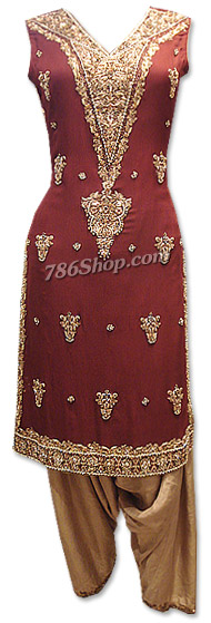  Maroon/Fawn Crinkle Chiffon Suit  | Pakistani Dresses in USA- Image 1